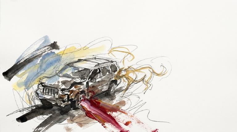 Flat, abstract graphic in comic style. A red car is skewed, with a deer-like silhouette near its path. Inside, two faceless figures appear injured, with red lines indicating facial trauma. A somber, concerning scene.
