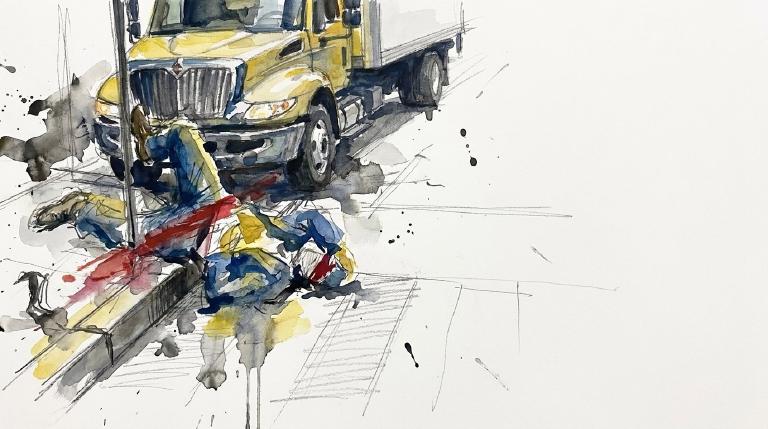 An abstract, flat graphic in a respectful tone depicts a truck veering onto a Chinatown sidewalk. A man and two women are shown in proximity to the truck's path.