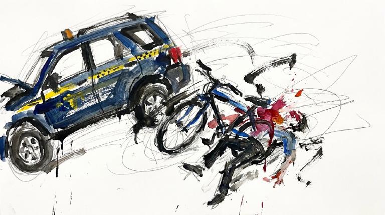 An abstract graphic, outlined with bold comic-style borders, depicts a bicycle being forcefully impacted by a car on a road. The flat, stark design conveys the harsh reality of cycling accidents.