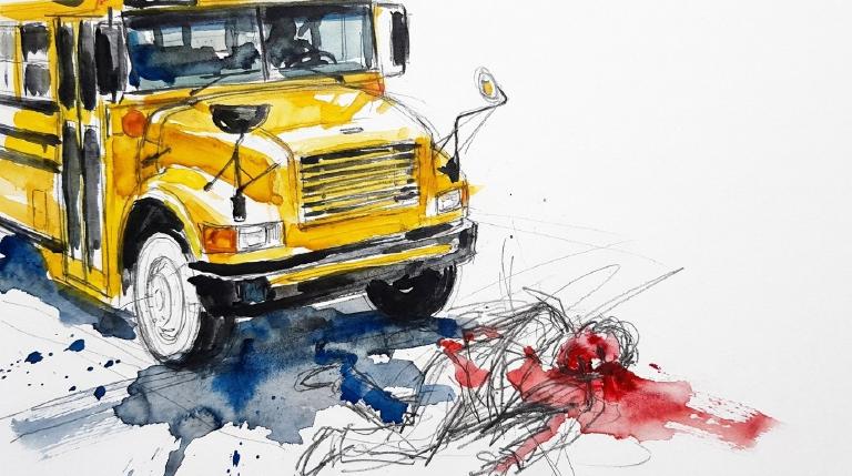 An abstract, flat graphic depicts a yellow school bus nearing a simplified human figure, suggesting an impact. The stark style and muted colors convey a serious tone. Framed by a prominent comic-style border.