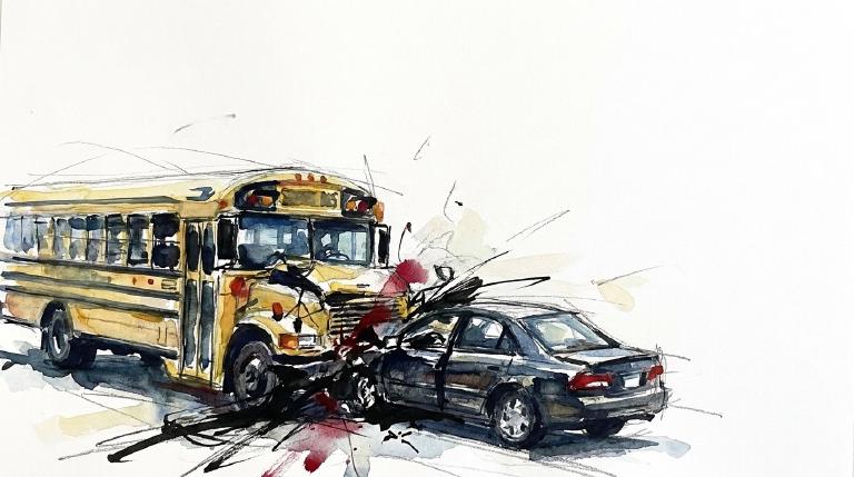 An abstract, flat graphic: A yellow bus and grey sedan collide, shown with jagged lines. Thick, comic-style black borders frame the scene, conveying immediate impact and tension.
