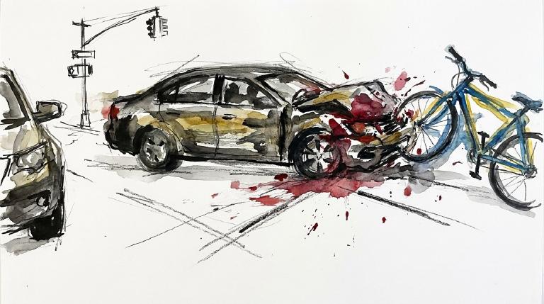 Abstract flat graphic: A simplified yellow car shape collides with a blue bicycle on a grey road. Red impact lines burst from the contact point. Thick, comic-style black borders frame the stark scene of sudden impact.