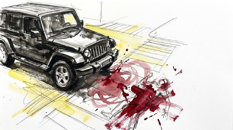 A stark, flat graphic in a comic-style border. A red car icon collides with a small, stylized human figure that appears to be falling. White lines radiate from the impact point, conveying the suddenness and seriousness of a pedestrian collision.