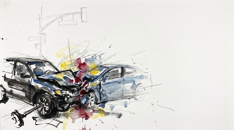 Within comic-style borders, an abstract, flat graphic shows two simplified cars colliding at an intersection. One car, turning left, hits another going straight, with lines indicating impact. The visual conveys the seriousness of a traffic violation.