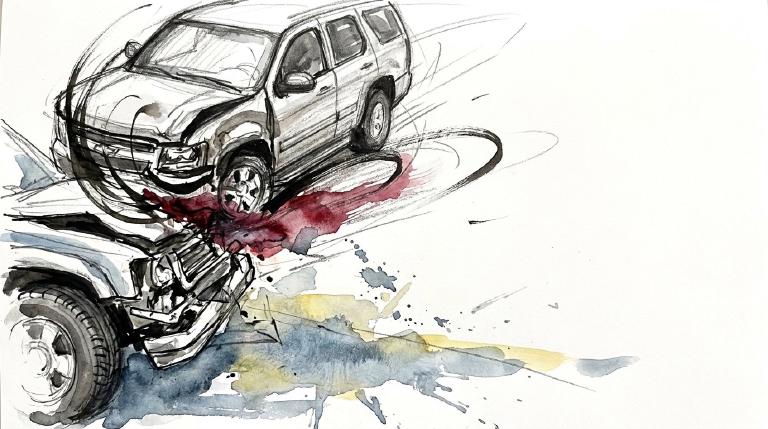 An abstract, flat graphic, framed by a comic-style border. Two stylized cars clash on a simple road, with one mid-U-turn, clearly showing an improper maneuver. The design conveys a stark, cautionary tone about traffic violations.