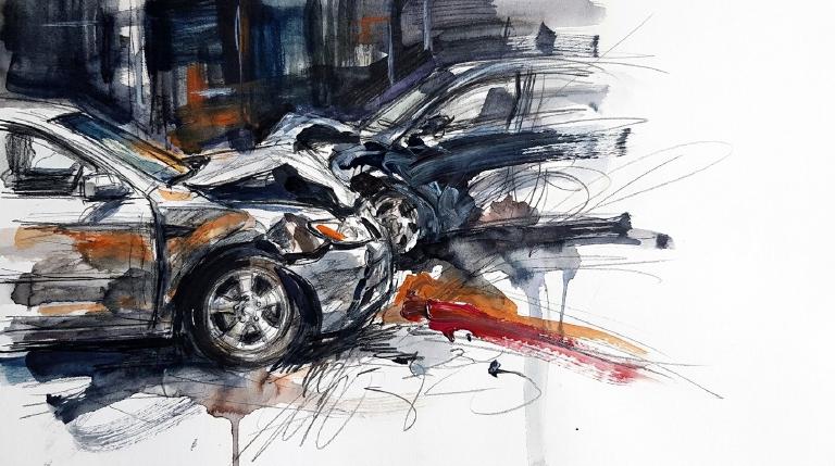 A flat, abstract graphic with bold, comic-style borders shows two simple cars in a collision, with impact lines. A stylized figure beside one car indicates injury. The image conveys a stark and serious tone, highlighting the crash's impact.