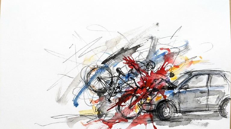 Abstract comic-style graphic. Flat, blocky shapes of a car and bicycle collide mid-frame, emphasized by a bright starburst. Near the bike, a small, jagged line implies impact. Bold, contrasting colors and thick outlines give a stark, urgent tone. Dis
