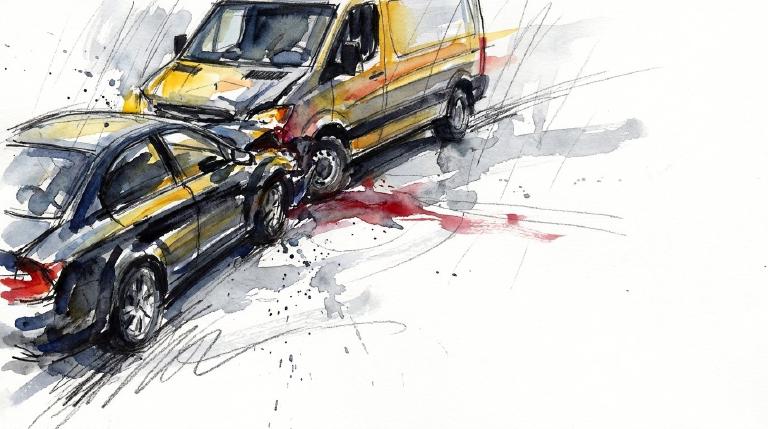Abstract, flat graphic with comic-style borders. A simple sedan in motion is shown colliding with a parked van on a dark, wet street. Rain falls. The stark illustration conveys the seriousness of a nighttime crash.