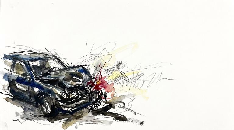 A flat, abstract graphic with thick, comic-style borders shows a small, stylized red figure of a child in front of a grey car on a simple road. A subtle impact symbol conveys a somber tone.