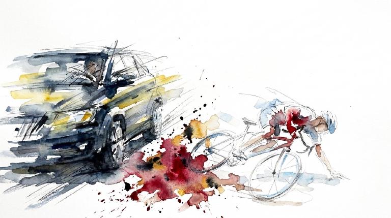 Abstract, flat graphic with comic-style borders. Stark blue and yellow shapes collide violently, sending out jagged red lines. The image conveys an alarming sense of impact and disruption.