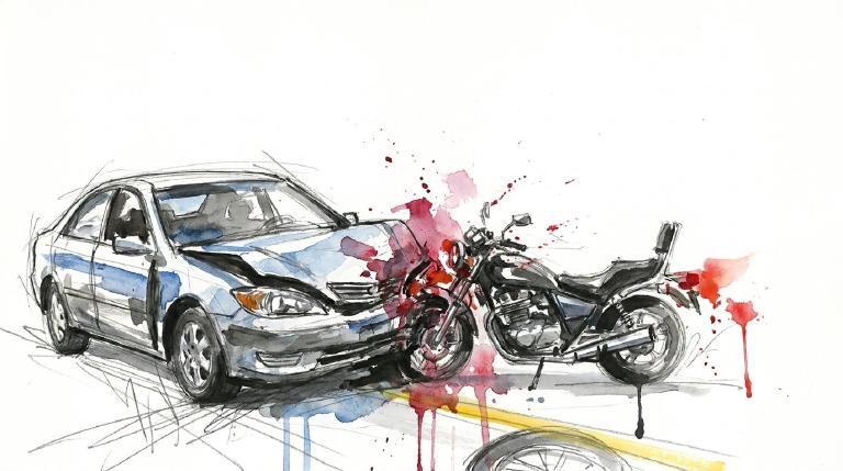 Abstract, flat graphic with thick, comic-style borders depicting a stark intersection. Simplified icons of a car and motorcycle are shown at a collision point, emphasized by a bold line. The serious tone highlights the incident's impact.