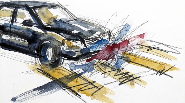 An abstract, flat graphic with comic-style borders. At night, a lone pedestrian in a crosswalk with a green light is struck by a car. The stark, dark scene and bold lines emphasize the sudden danger and grave injustice of the collision.