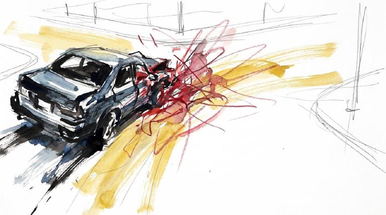 An abstract, flat graphic depicts two cars colliding at an intersection, one making a left turn. The scene has comic-style, jagged borders, conveying a serious but illustrative tone.