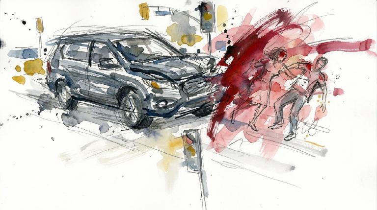 Afternoon on Union Turnpike, a child on a bike goes down