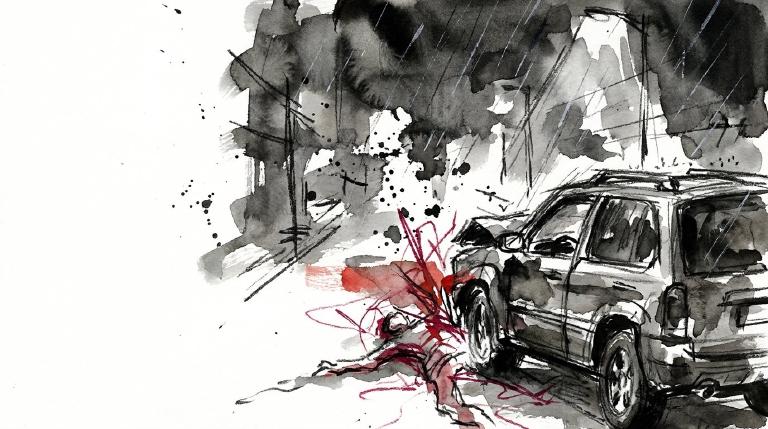 An abstract, flat graphic with thick, comic-style borders. A simplified blue SUV is shown driving into a small red human figure on a grey road. The visual uses clean lines and solid colors to depict the incident in a clear, somewhat stark manner.