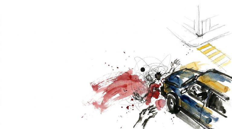 Abstract graphic with comic-style borders depicts a car mid-right turn, about to hit a pedestrian. A zigzag line from the car suggests driver distraction. A red circle highlights the pedestrian's lower leg, indicating injury.