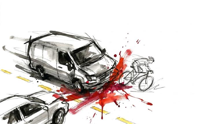 A bold, abstract graphic in a flat style. A red van swerves towards a small blue bicycle on a dark road, framed by comic-style borders. The simple shapes and stark composition convey a sense of sudden danger and impact.
