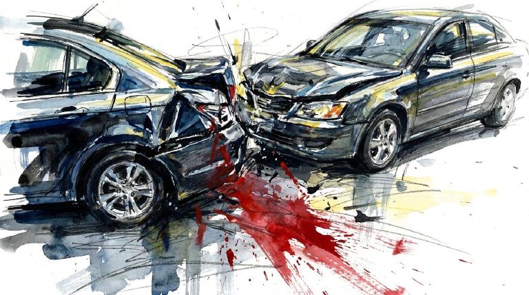An abstract, flat graphic shows two simplified cars, one parked, colliding on a road. An impact symbol marks the crash. The scene is framed by bold, comic-style borders, creating a clear, illustrative tone.