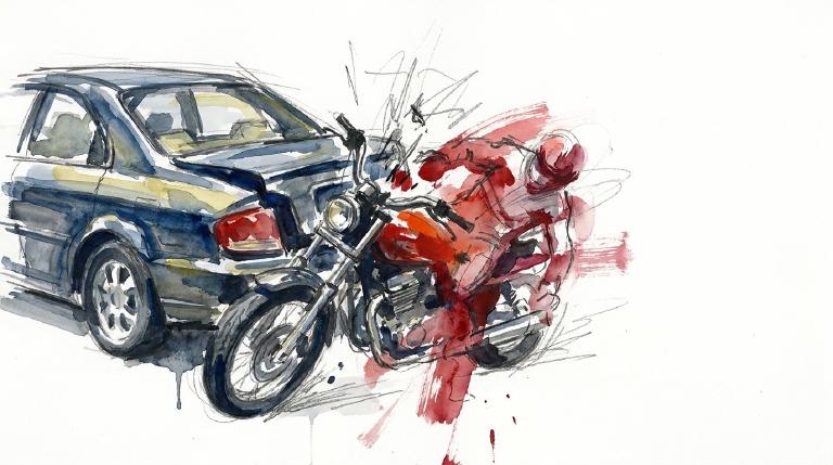 An abstract, flat graphic depicts a crashed yellow motorcycle impacting a blue car. Jagged lines convey the force of the collision. The artwork features bold, comic-style outlines, rendering a stark and somber scene of the accident.