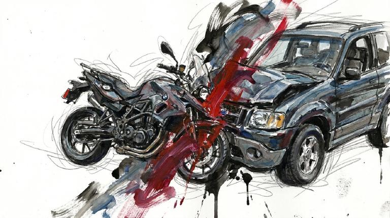 Abstract graphic with comic-style borders shows a motorcycle, BMW, Ford Explorer, Chevrolet Express van, and Chrysler minivan on a road. Dynamic lines suggest the motorcycle spinning out, leading to impacts with all vehicles.