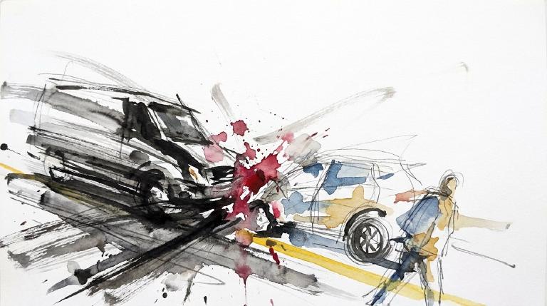 An abstract, flat graphic framed by bold, comic-style borders. A gray utility vehicle backs into a red pedestrian, who recoils with a starburst indicating impact. The image conveys a stark, serious incident.