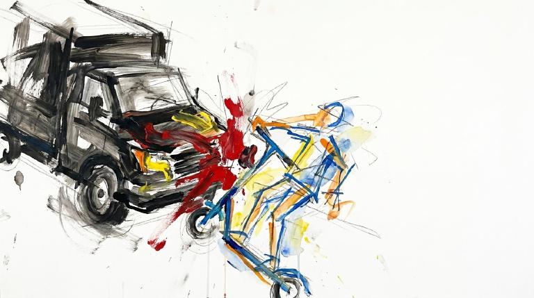 A flat, comic-style graphic shows a red car turning right and hitting a blue e-scooter rider going straight. Stylized impact lines burst from the collision point. The scene has bold comic borders, conveying a serious urban incident.