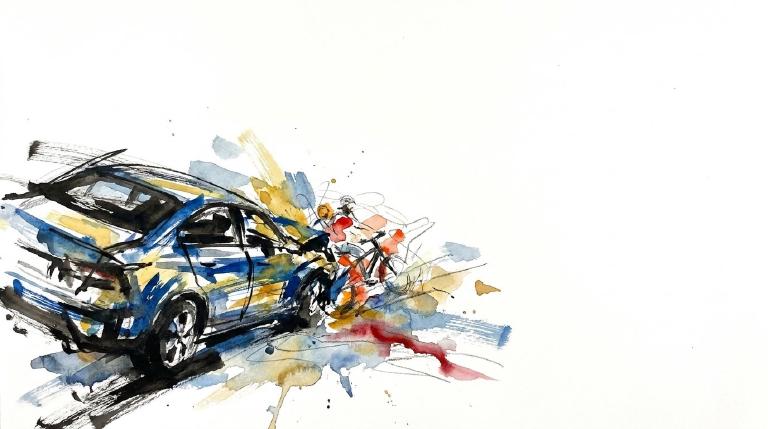 An abstract, flat graphic, framed by a comic-style border, shows a sedan colliding with an e-bike carrying two people at a street intersection. The stylized scene has a serious, infographic tone, representing the reported incident.