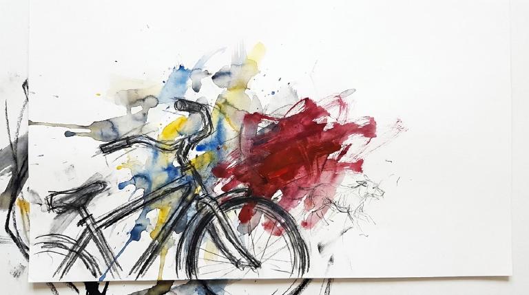 An abstract, flat graphic with comic borders shows a cyclist on a Central Park road. A golden retriever runs into their path. The cyclist's abrupt brake causes a fall. The respectful scene is non-graphic.