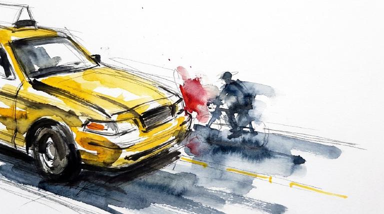 A flat, abstract graphic framed with jagged comic-style borders. A yellow taxi veers into a blue bicyclist. Speed lines and a hazy thought bubble over the driver’s head suggest distraction and impending collision. Stark, serious tone.