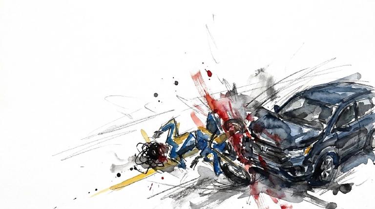 Flat, abstract graphic: A red car makes an illegal U-turn into a blue motorcycle's path. Yellow impact lines highlight the collision. The serious scene is presented with clean lines, framed by a comic border.