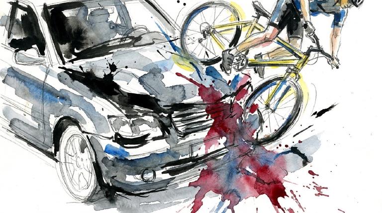 An abstract, flat graphic with thick, stark outlines depicts a simplified car approaching a bicycle. A blurred thought bubble over the car suggests driver distraction. The scene uses a serious, limited color palette.