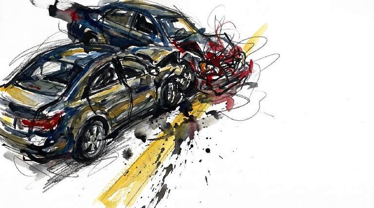 Abstract, flat graphic of a street intersection. Two simplified car shapes, one red and one blue, are depicted mid-collision, with stark geometric lines suggesting impact. White dashed lines mark the road. A thick, comic-style black border frames the