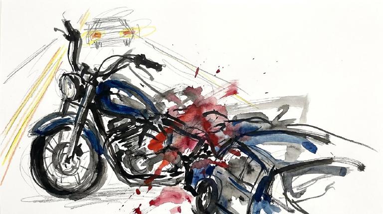 A stylized graphic in comic-style borders shows a dark road with three simplified vehicle shapes: a motorcycle and two cars. Dashed lines illustrate a chaotic lane change and impact, creating a sense of sudden disruption.