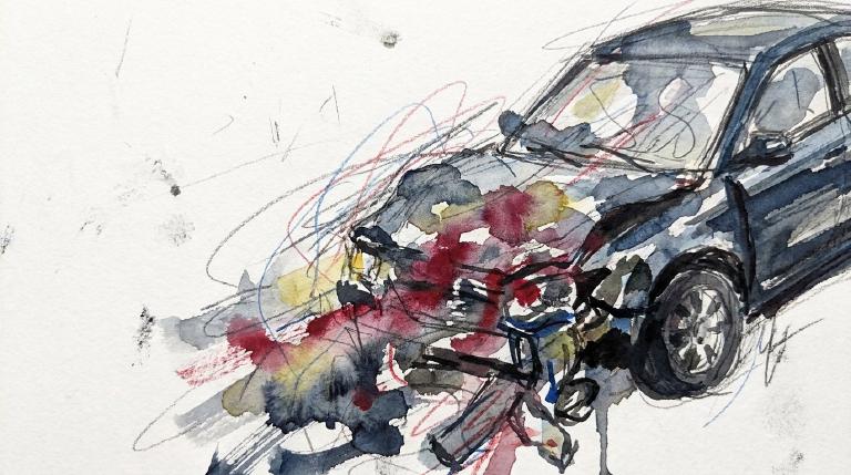 Abstract graphic depicts a chaotic collision scene against a dark background, framed by a comic-style border. Flat, overlapping shapes in jarring colors suggest impact and injury, conveying a stark, serious tone.